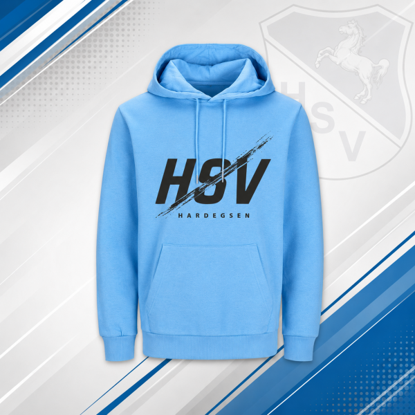 Hellblauer Hardegser SV Hoodie, Vorderansicht mit schwarzem HSV Hardegsen Aufdruck