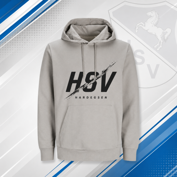 Hellgrauer Hardegser SV Hoodie, Vorderansicht mit schwarzem HSV Hardegsen Aufdruck