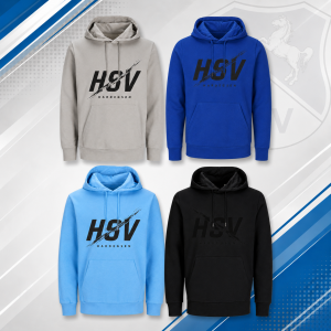 Hardegser SV Hoodie mit HSV Hardegsen Aufdruck, Vorderansicht in Grau, K&ouml;nigsblau, Hellblau und Schwarz