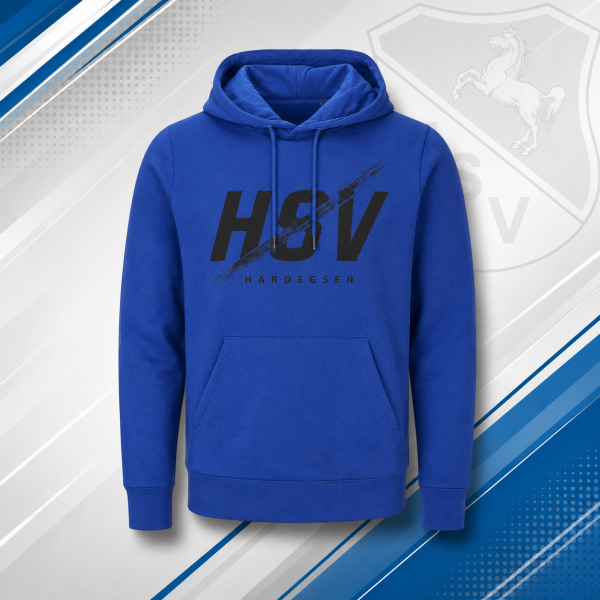 Königsblauer Hardegser SV Hoodie, Vorderansicht mit schwarzem HSV Hardegsen Aufdruck